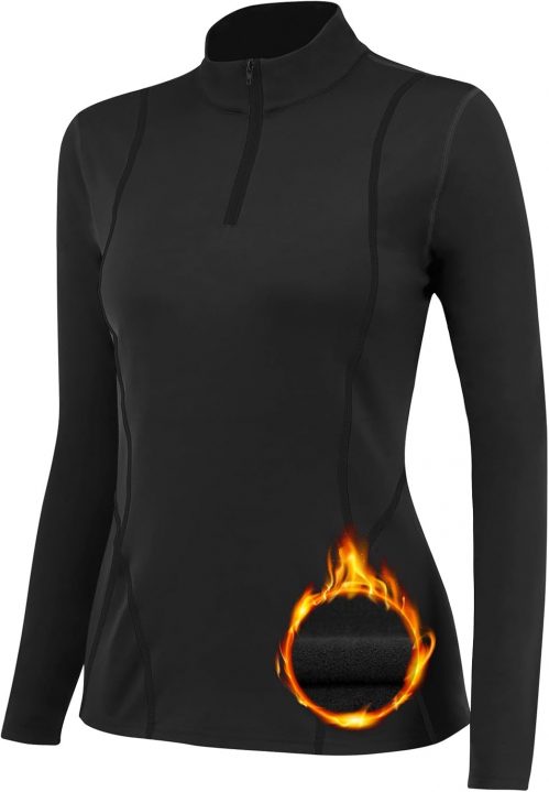 TERODACO Half Zip Thermal Base Layer Women Warm Wicking Ski Base Layers with Micro Fleece Long Sleeves Ladies Thermal Tops for Running Hiking Cycling Soft Quick Dry Breathable