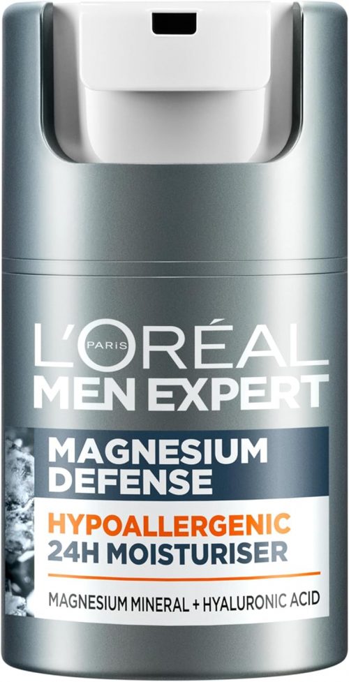 L’Oreal Men Expert Sensitive Skin Moisturiser, Magnesium Defence, Hypoallergenic 24H Daily Mens Moisturiser, With Magnesium Mineral And Hyaluronic Acid, 50ml
