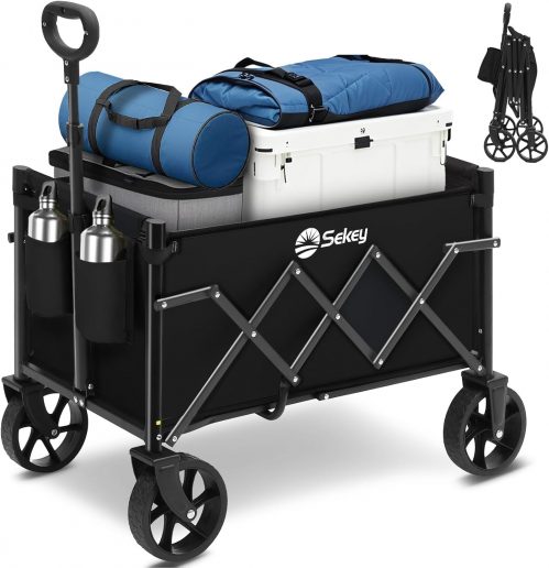 Sekey 220LBS Folding Festival Trolley on Wheels, Heavy Duty Camping trolley with All-Terrain Wheels, Portable Beach wagon, Adjustable Handle, Space-Saving Cart for Shopping Outdoor – Black