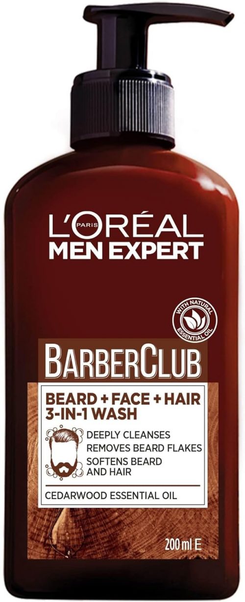 L’Oréal Paris Men Expert Cleansing 3-in-1 Beard, Face & Hair Wash 200ml, Barber Club Wash With Cedarwood Essential Oil, Deeply Cleanses and Removes Beard Flakes