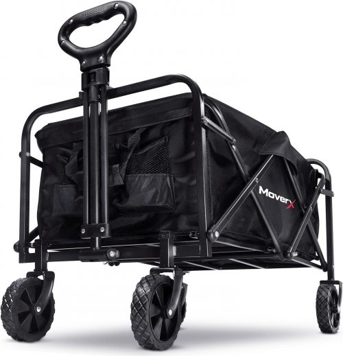 MoverX 70L Festival Trolley on Wheels, Folding Wagon, Portable Camping Cart, Collapsible Foldable Trolly for Beach Outdoor Garden Picnic Shopping Fishing, Wide Wheels, Adjustable Handle, Black