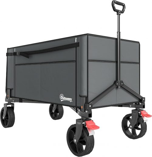 Outsunny Festival Trolley on Wheels, 150L Folding Camping Trolley Cart with Openable Sides, Adjustable Handle and Brakes for Shopping Beach Garden Fishing, Grey