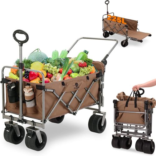 Rowce 225L Festival Trolley with Brakes, Push & Pull Beach Trolley Cart with Adjustable Tailgate, Camping Cart Foldable for Beach Picnic Outdoor, Extra Wide Wheels, Adjustable Handle