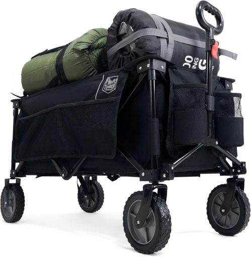 TIMBER RIDGE Festival Trolley on Wheels, 200L Folding Camping Trolley Wagon with Adjustable Handle & Cup Holder, Foldable Heavy Duty Trolley Cart for Outdoor Garden Picnic Shopping, Black