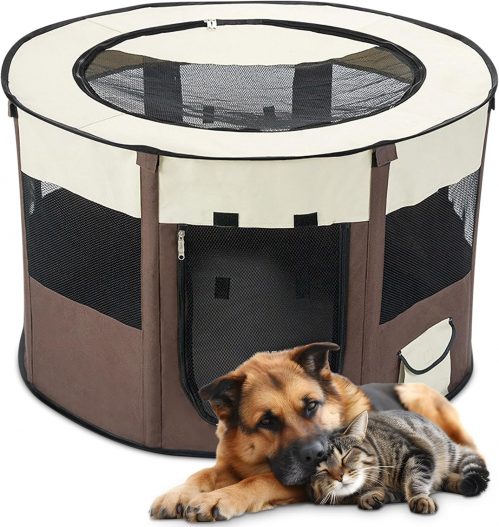 ALLSOPETS Cat Playpen for Dog, Foldable Pet Play Pen for Indoor Outdoor Use, Portable Dog Cat Crate Tent for Puppies Kittens, Pop-Up Pet Cage for Travel Camping (Brown, L)