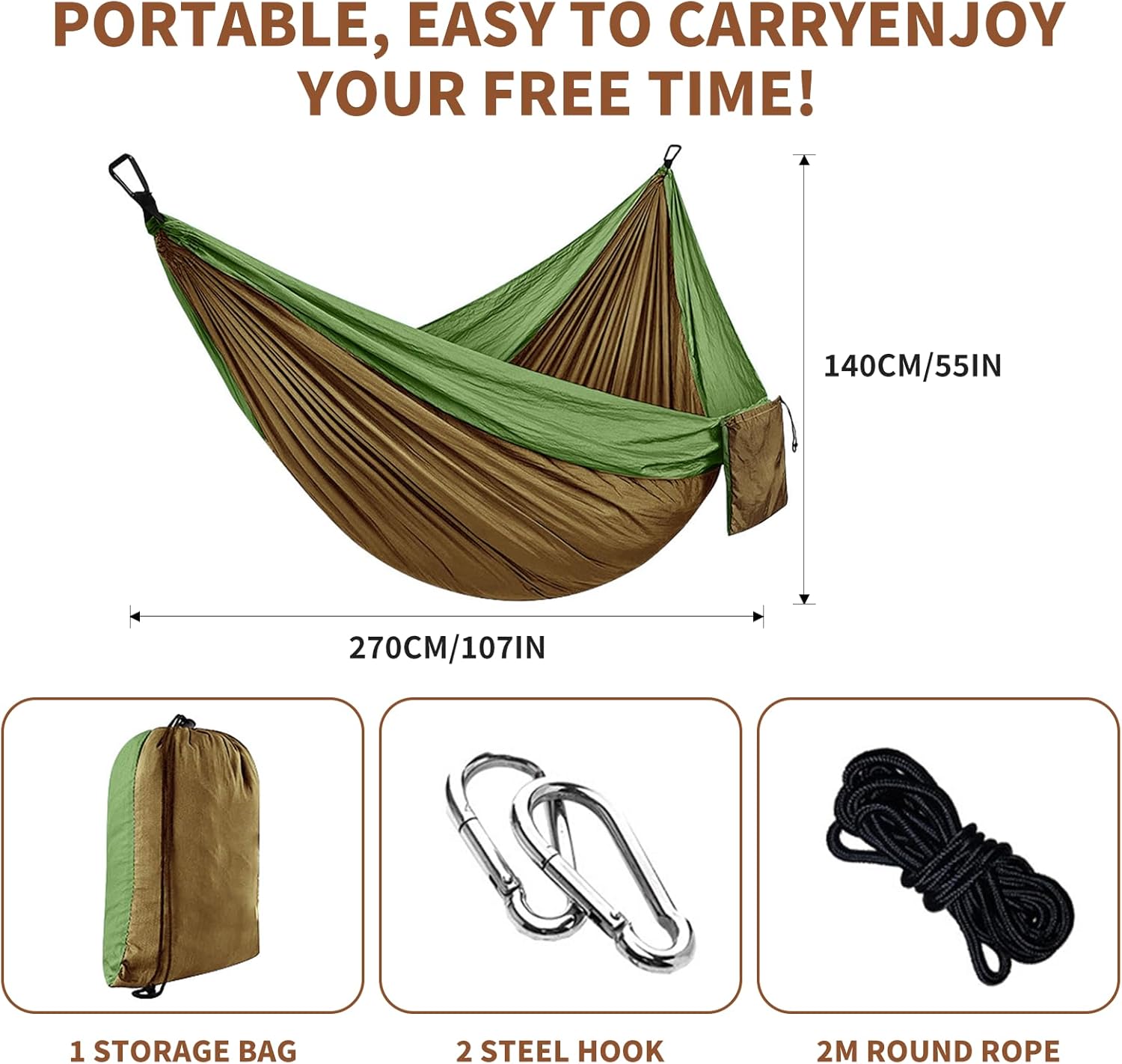 Camping Hammock – Portable Double Hammock 270 x 140 cm, 300kg Load Capacity, with Carabiners & Nylon Straps – Travel Hammocks for Outdoor, Indoor, Garden, Beach, Hiking, Olive Green - Image 2