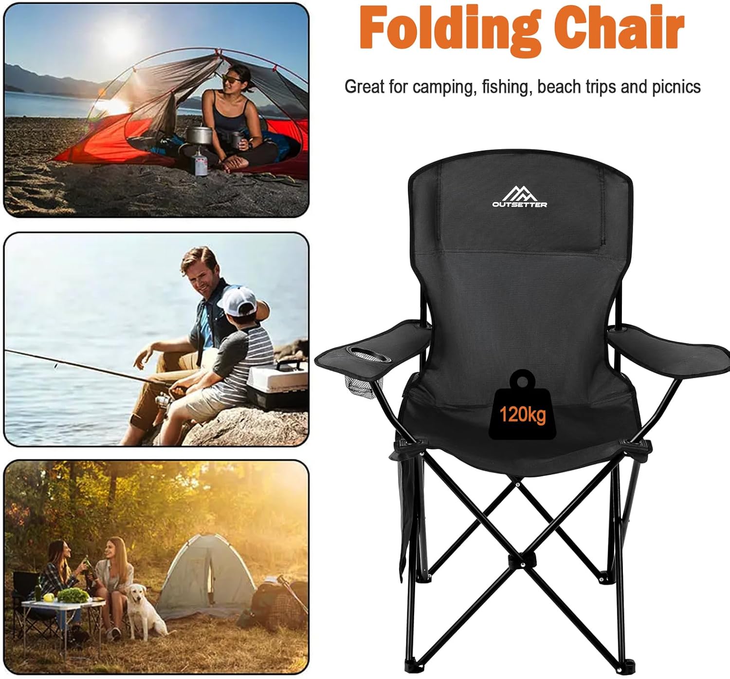 Vivo Technologies Set of 2 Lightweight Folding Portable Camping Chair with Cup Holder and Side Pocket Outdoor Folding 120kg Capacity, Fishing, Picnics and Travel Black - Image 4