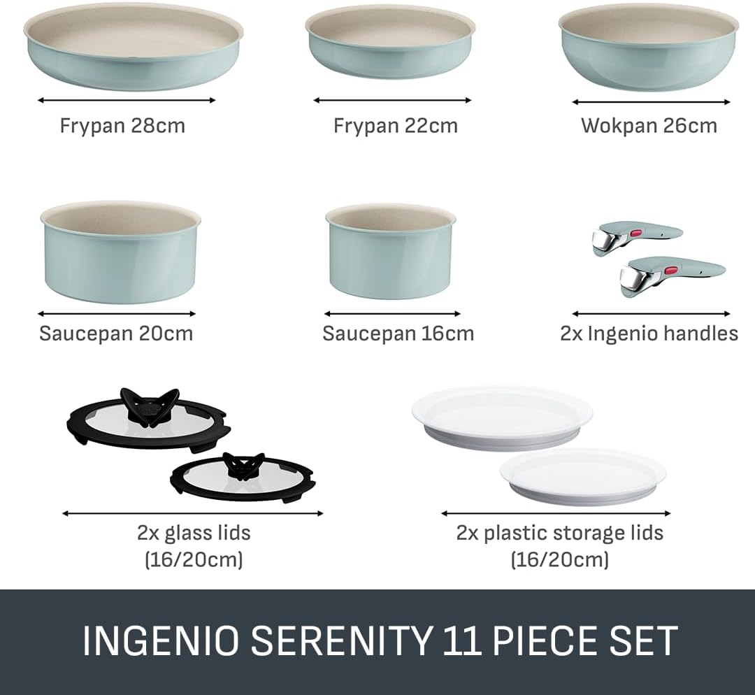 Tefal Ingenio Green 11-Piece Non-Stick Cookware Set – Induction Frying Pans, Wok, Saucepans with Glass Lids, Detachable Handles, Oven Safe, Stackable, L828SB04 - Image 2