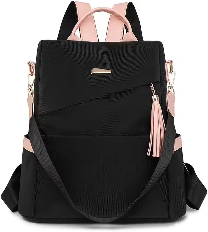 Anti-Theft Women's Backpack Lightweight Stylish Large-Capacity Convertible Shoulder Bag for Travel, Commuting, Outings, Black Pink