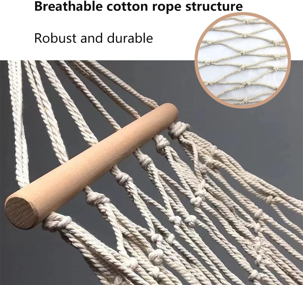 Cotton Rope Hammocks, Traditional Hand Woven Single Hammock with Wood Spreader,Children Hammock for Outdoor, Indoor, Patio, Yard, Max 220 Lbs - Image 3