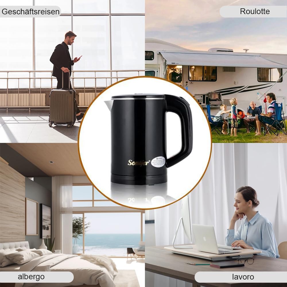 0.6L Travel Kettle Stainless Steel Camping Kettle Cordless Plastic Bowl Double Wall Design 800W - Image 2