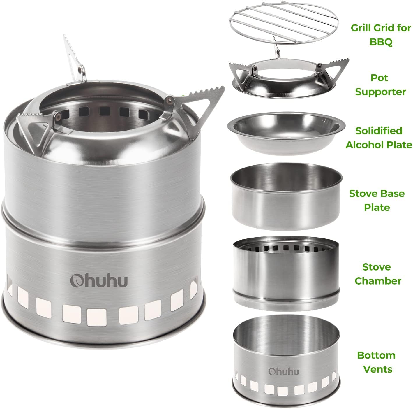 Ohuhu Rocket Stainless Steel Lightweight Camping Stove - Wood Alcohol Portable Outdoor Cooking Picnic BBQ Hiking with Mesh Bag - Image 2