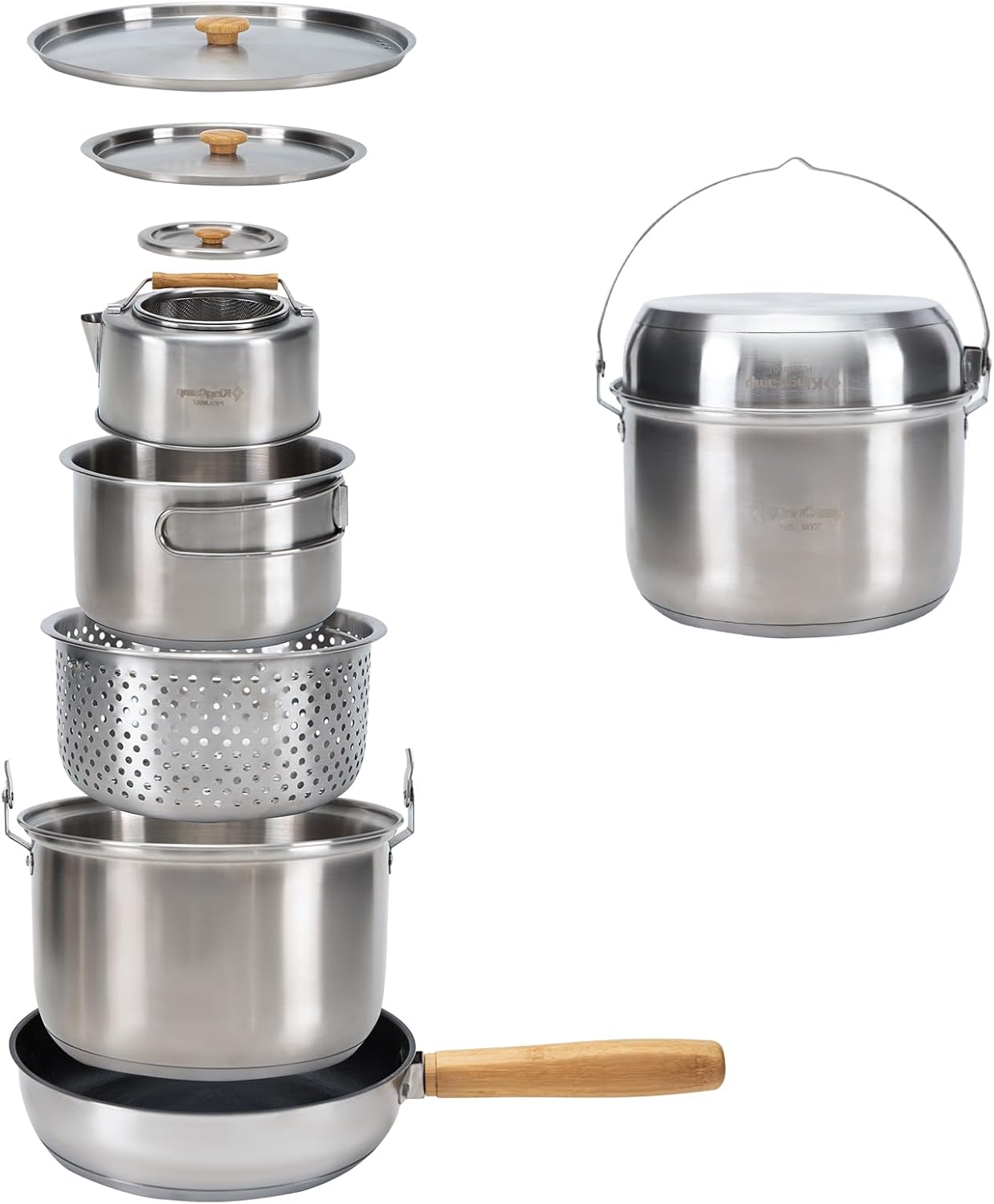 KingCamp Camping Cookware Set, 304 Stainless Steel Campfire Cooking Pots Pan and Kettle with Travel Tote Bag for Camping Outdoor Kitchen Cooking Picnic for 4-6