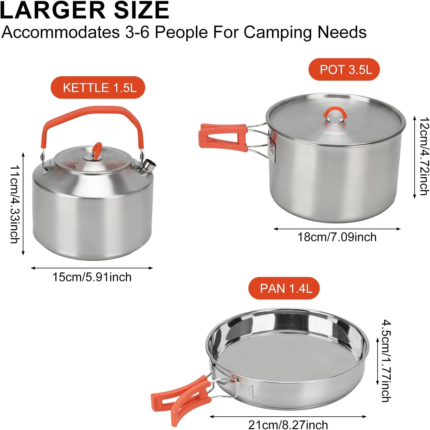 304 Stainless Steel Camping Cookware Set - Large Frying Pan, Pot & Kettle with Folding Handle, Lightweight Fast Boil Suitable Indoor & Outdoor Cooking for Fishing, Backpacking, Picnic 3-6 People - Image 2