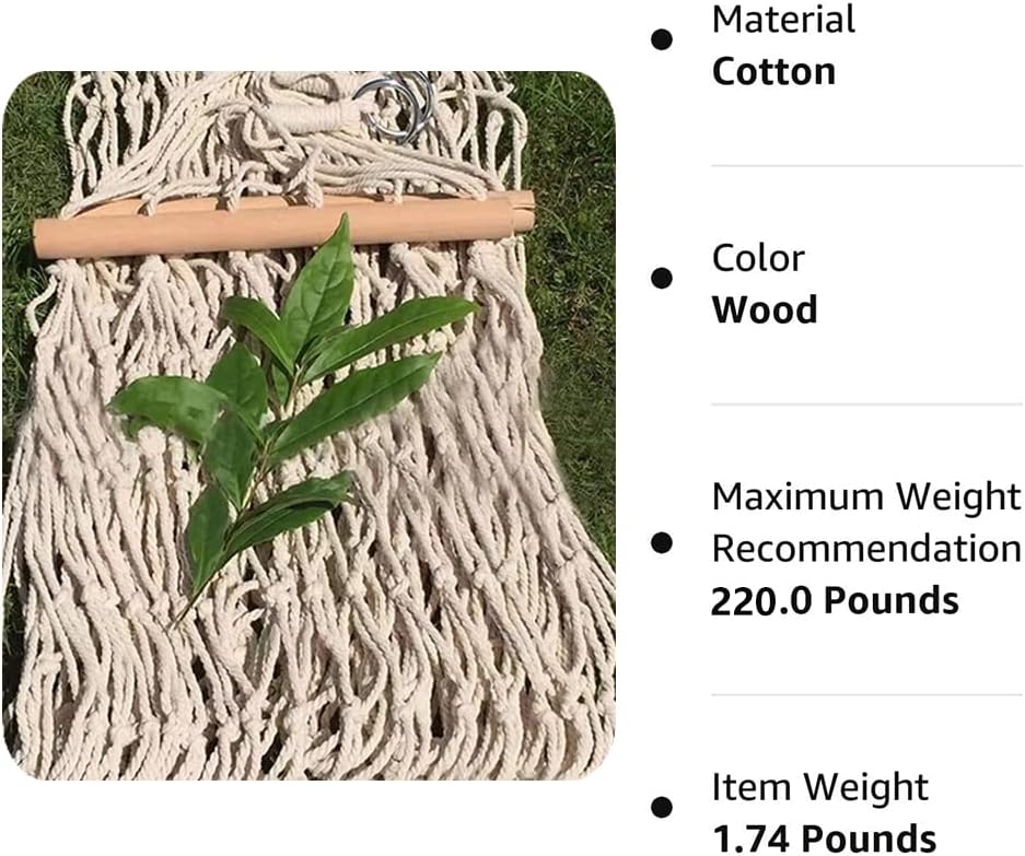 Cotton Rope Hammocks, Traditional Hand Woven Single Hammock with Wood Spreader,Children Hammock for Outdoor, Indoor, Patio, Yard, Max 220 Lbs - Image 7