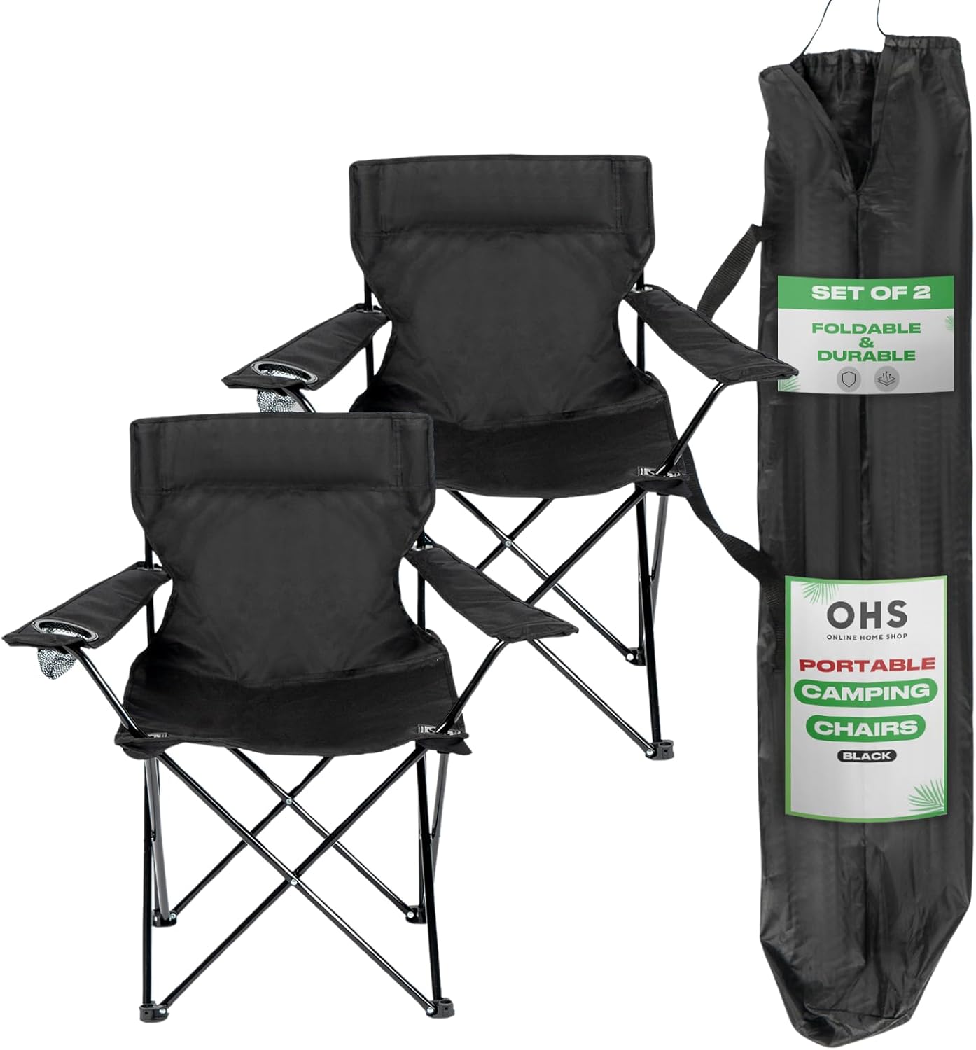 OHS Folding Camping Chairs Set of 2, High Back Camping Chair Outdoor Lightweight Compact Foldable Picnic Festival Garden Folding Chairs Outdoor for Adults with Drinks Cup Holder, Black