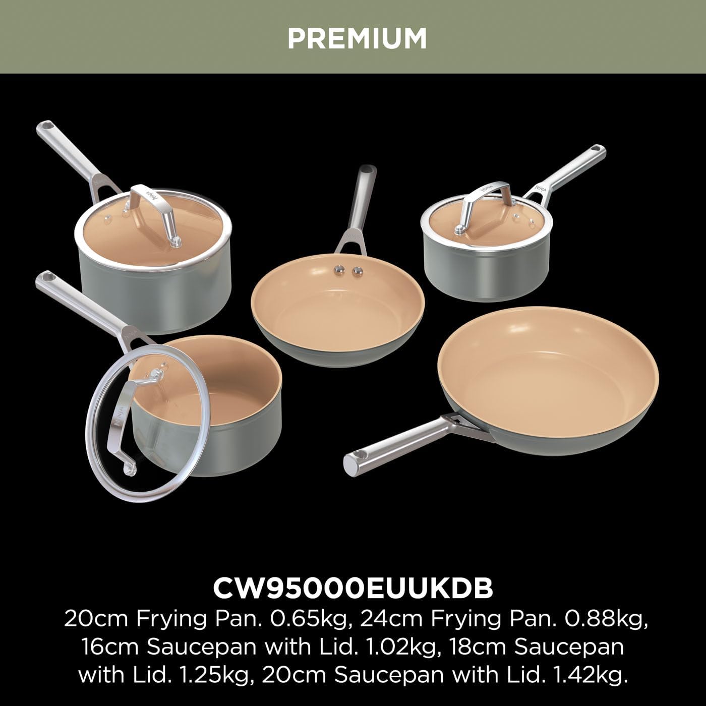 Ninja Extended Life 5-Piece Ceramic Cookware Set (20 & 24cm Frying Pans + 16, 18 & 20cm Saucepans & Lids), Non-Stick (No PFAs, PFOAs, Lead or Cadmium), Oven Safe 285°C, Terracotta/Grey, CW95000EUUKDB - Image 2