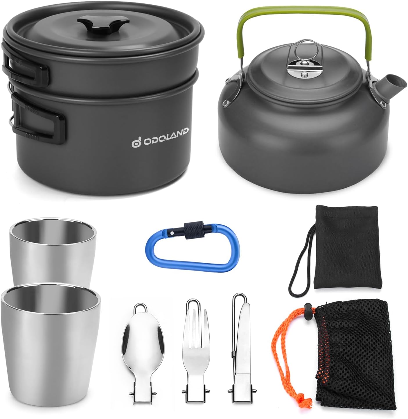 Odoland Camping Cooker Pan Set Aluminum Camping Cookware Kit for 2 People, Portable Outdoor Pot Pan Stove Kettle 2 Cups and Tableware - Backpacking Cookware for Picnic Trekking and Hiking