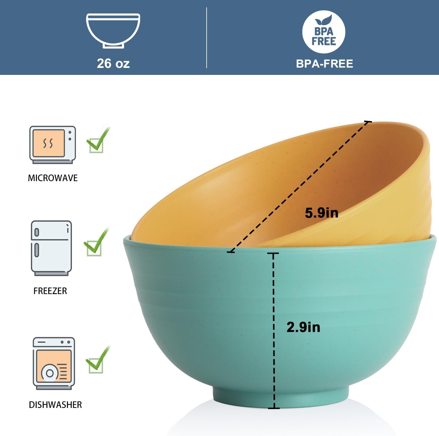 Wrova Reusable Plastic Bowl Sets 8 PCS Unbreakable Cereal Bowl 26 OZ Microwave and Dishwasher Safe Bowl Sets for Camping and Picnic Lightweight Kitchen Bowls for Serving Soup, Oatmeal and Fruit-Multi - Image 2