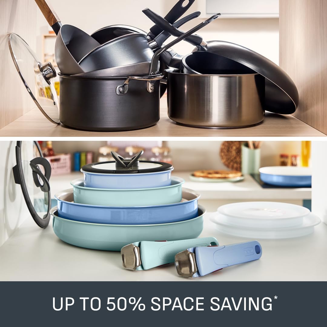 Tefal Ingenio Green 11-Piece Non-Stick Cookware Set – Induction Frying Pans, Wok, Saucepans with Glass Lids, Detachable Handles, Oven Safe, Stackable, L828SB04 - Image 3