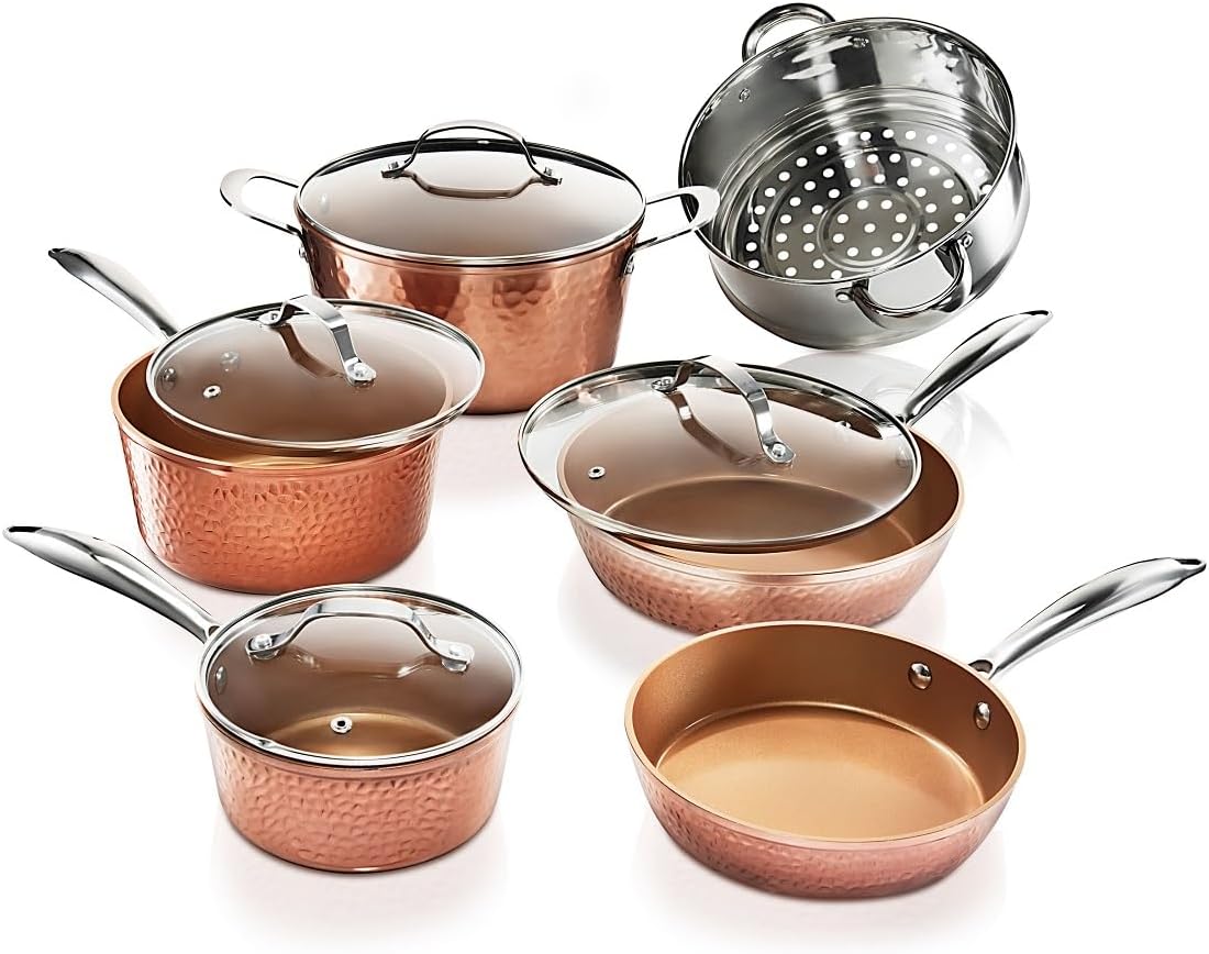 Gotham Steel Hammered 15 Pc Ceramic Cookware Set Nonstick, Deep Copper Pots and Pans Set Non Stick with Induction Cookware, Cooking Utensils & Steamer, Non Toxic PFOA PFOS Free, Oven & Dishwasher Safe