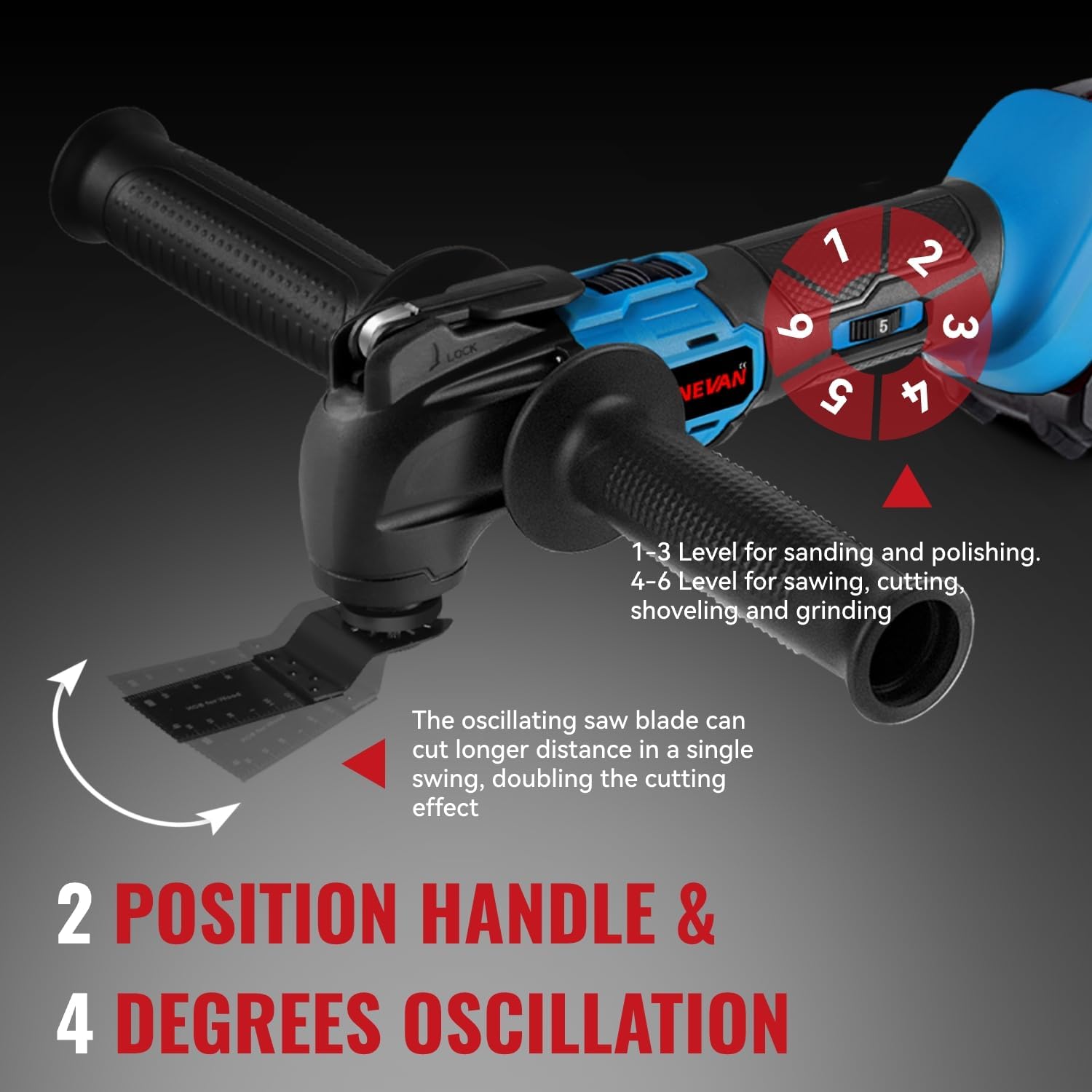 Multi Tool Oscillating - 900W Brushless Multitool Cordless, 4° Oscillation Angle & 6-Speed, with 22 Accessories, 2 * 2.0Ah Batteries, Oscillating Multi-Tool for Sawing, Cutting, Sanding - Image 5