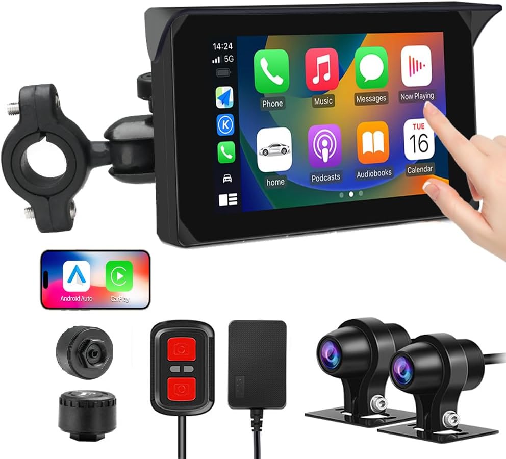 VSYSTO Motorcycle Carplay Screen, Wireless Carplay and Android Auto, GPS Navigation, Tire Pressure Sensors, WiFi 5 Inch Touchscreen HD 1080P Front and Rear Camera Motorcycle Dash Camera DVR (5inch)