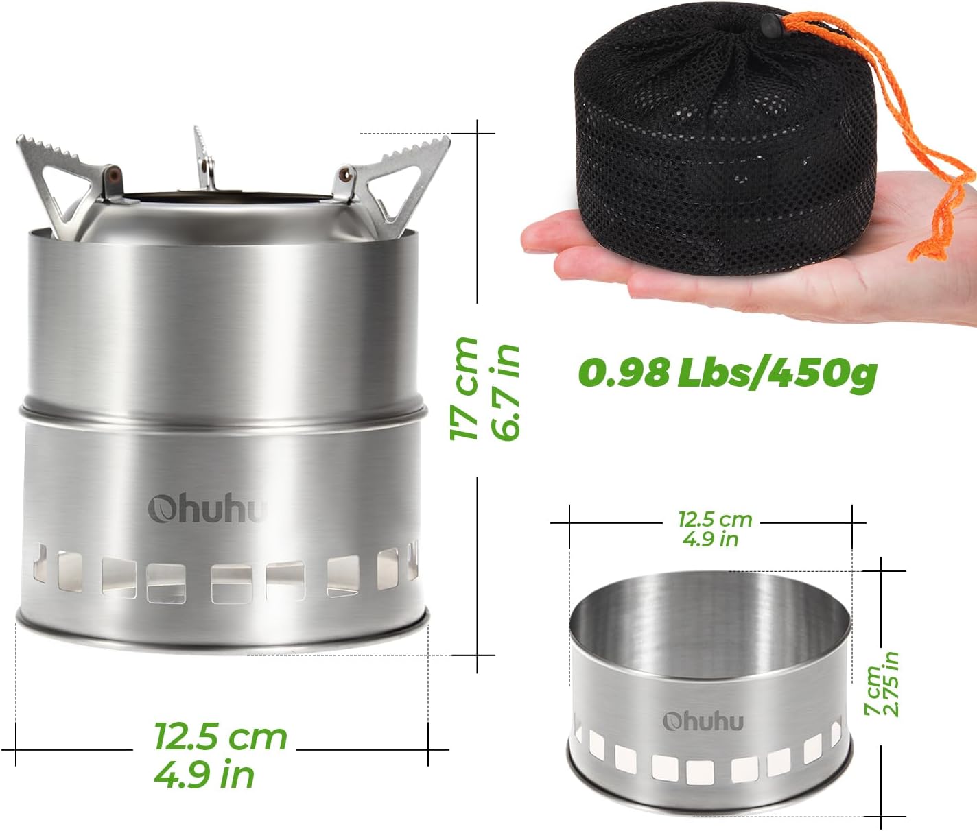 Ohuhu Rocket Stainless Steel Lightweight Camping Stove - Wood Alcohol Portable Outdoor Cooking Picnic BBQ Hiking with Mesh Bag - Image 3