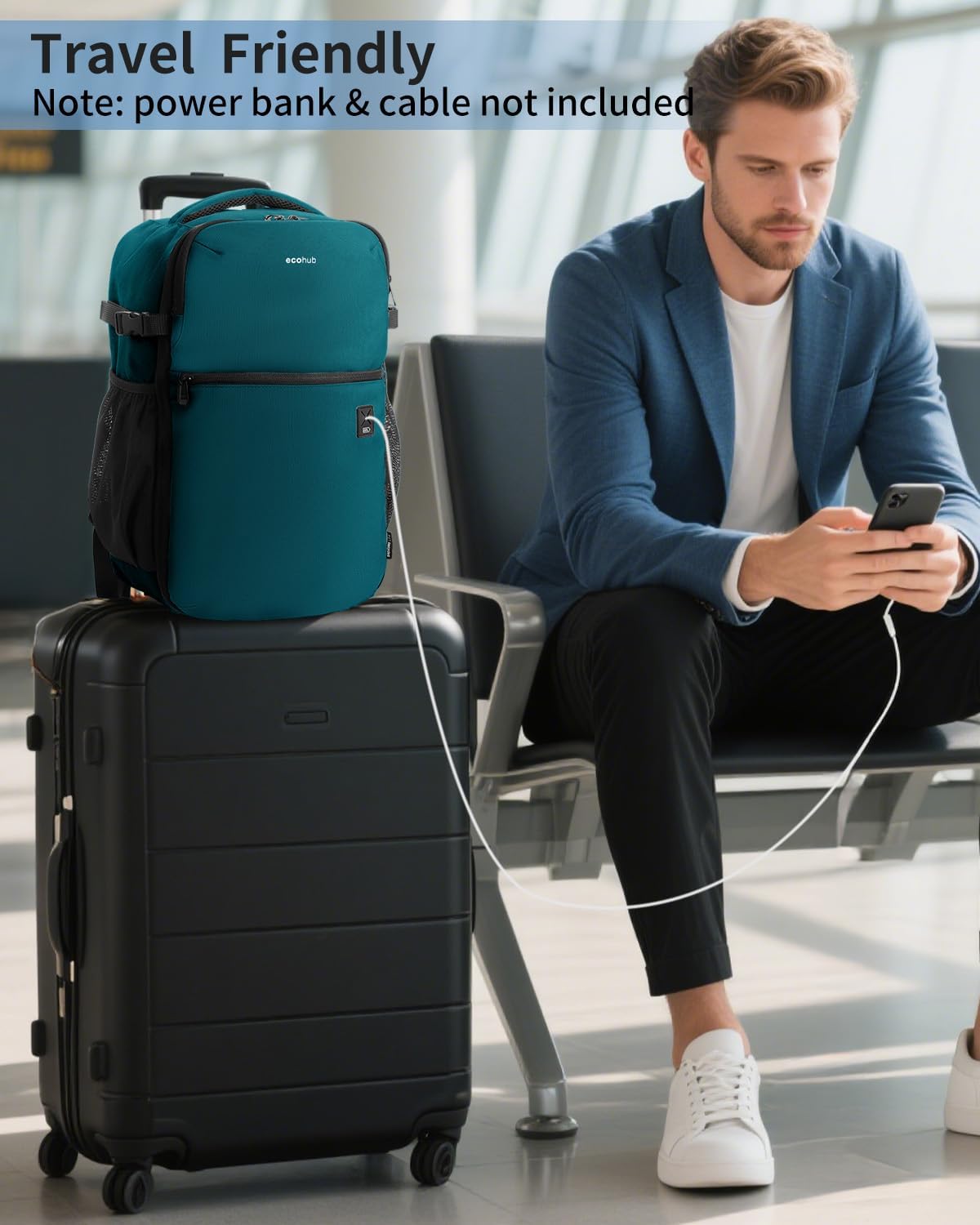 ECOHUB for Ryanair Cabin Bags 40x20x25, Underseat Travel Backpack with Anti-theft Pocket, Cabin Size Carry on Bag for Airplanes, Water-resistant Hand Luggage Bag with Laptop Compartment, 20L-BlueGreen - Image 8