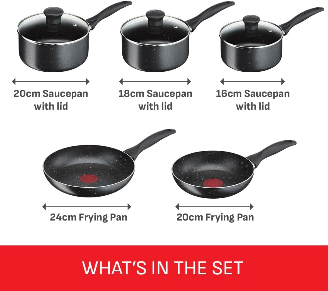 Tefal Origins Stone 5 Piece, Non-Stick, Pots & Pan Set, All Hobs Compatible Except Induction, (16/18/20CM Saucepans with Glass lids, 20/24CM Frying Pans) - Image 3