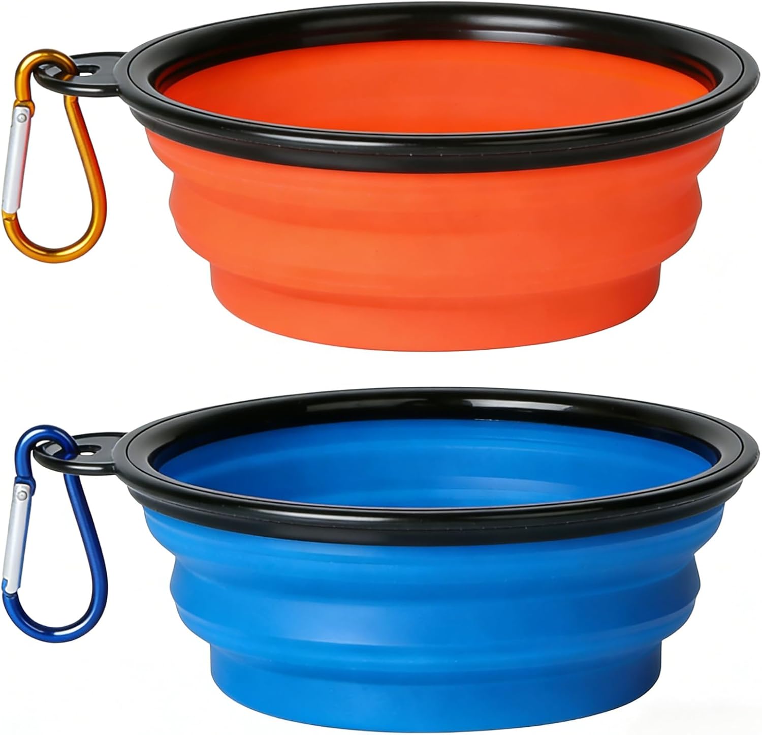 2 Pack Collapsible Pet Travel Bowls Set, Portable Silicone Water & Food Feeder with Carabiner for Dogs and Cats, 350ml Space Saving Folding Bowl (Blue+Orange)
