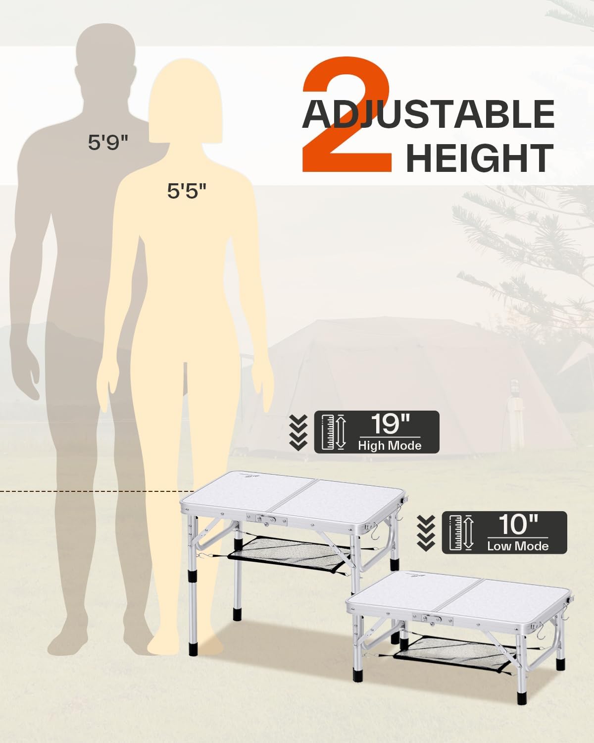 Sportneer Folding Camping Table, Adjustable Height Small Folding Table Portable Camp Tables (23.6" L x 15.7" W (2 Height)) with Mesh Layer for Outdoor Camp Garden Picnic BBQ Dining Cooking - Image 6