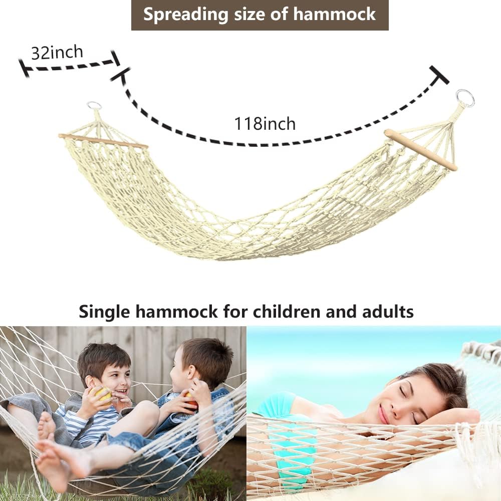 Cotton Rope Hammocks, Traditional Hand Woven Single Hammock with Wood Spreader,Children Hammock for Outdoor, Indoor, Patio, Yard, Max 220 Lbs - Image 4