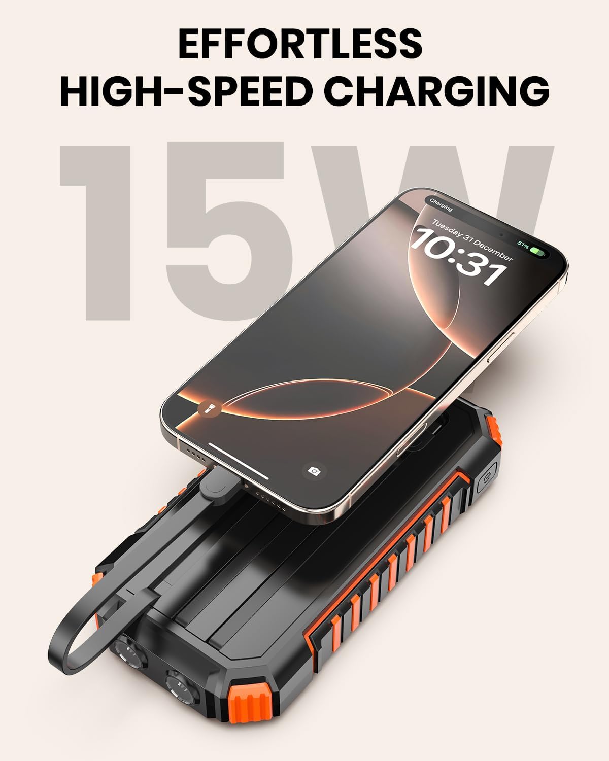 Hiluckey Power Bank Solar Charger - 20000mAh with Built-in 3 Cables Five Outputs 15W Fast Charging External Battery Pack for All Mobile Devices Solar Portable Charger with Dual Flashlights - Image 8