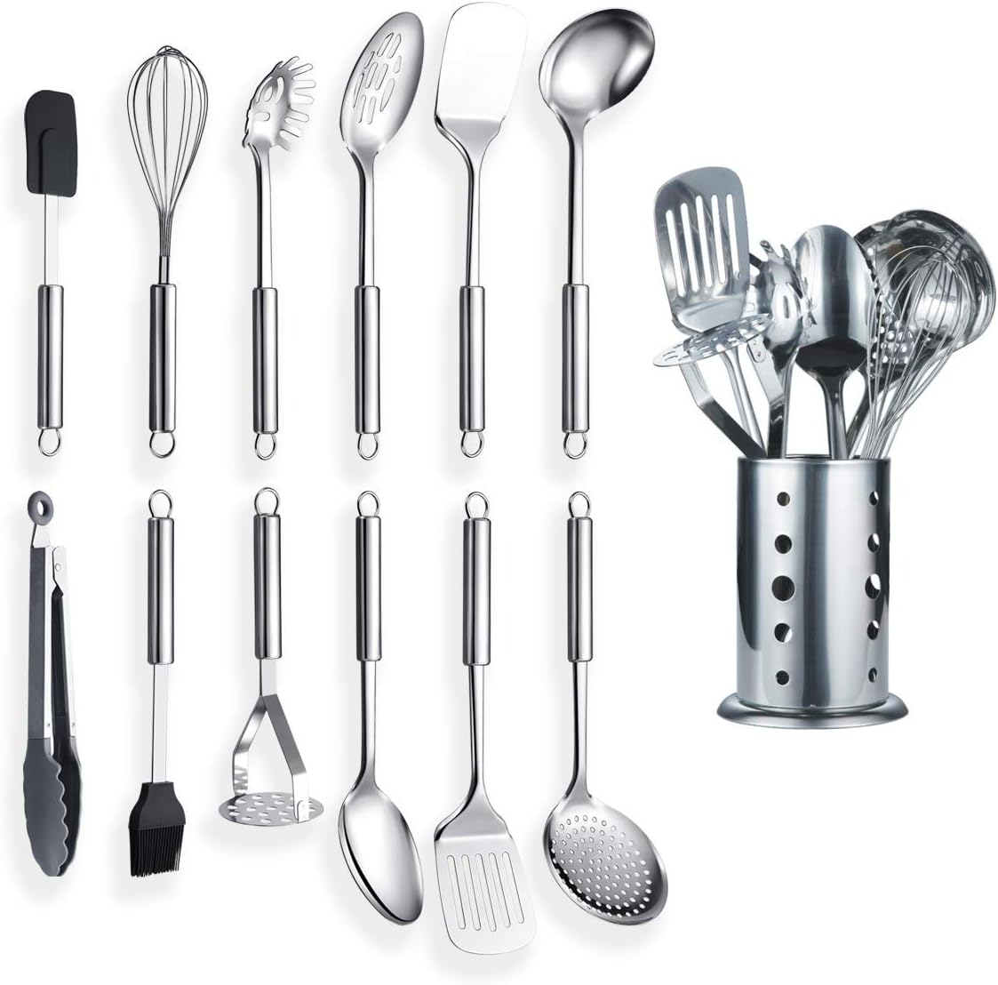 Berglander Stainless Steel Kitchen Utensil 12 Piece with 1 Stand, Cooking Spoon, Kitchen Tools Cooking Utensil with Holder. (13 Pieces)