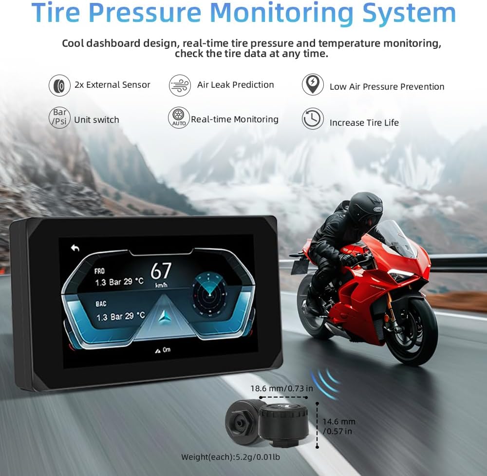 VSYSTO Motorcycle Carplay Screen, Wireless Carplay and Android Auto, GPS Navigation, Tire Pressure Sensors, WiFi 5 Inch Touchscreen HD 1080P Front and Rear Camera Motorcycle Dash Camera DVR (5inch) - Image 3