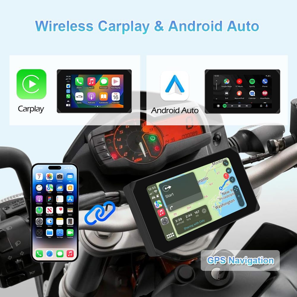 VSYSTO Motorcycle Carplay Screen, Wireless Carplay and Android Auto, GPS Navigation, Tire Pressure Sensors, WiFi 5 Inch Touchscreen HD 1080P Front and Rear Camera Motorcycle Dash Camera DVR (5inch) - Image 2