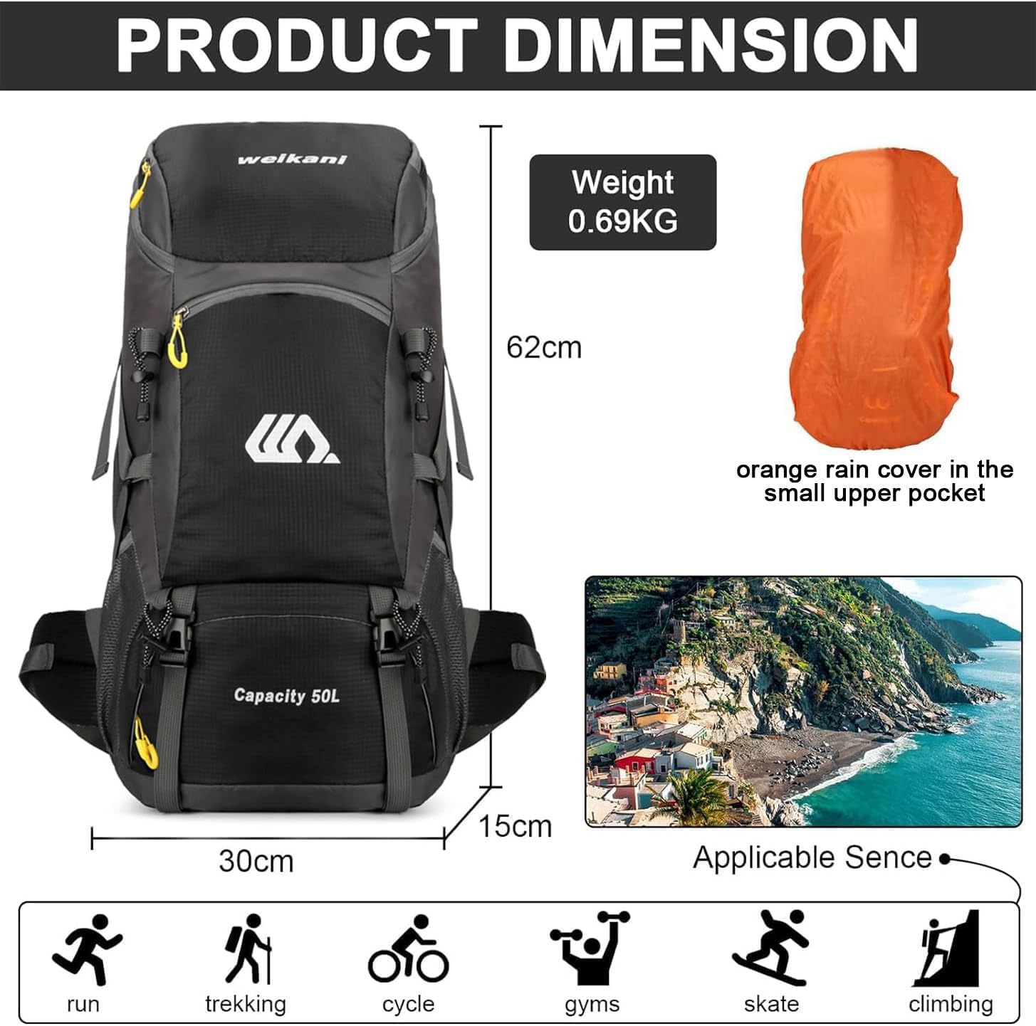 jianyana Hiking Backpack Waterproof 50L Foldable Rucksack Durable Lightweight Camping Bag with Rain Cover for Camping Trekking Hiking Walking Cycling Climbing Outdoor Sports for Women Men - Image 2