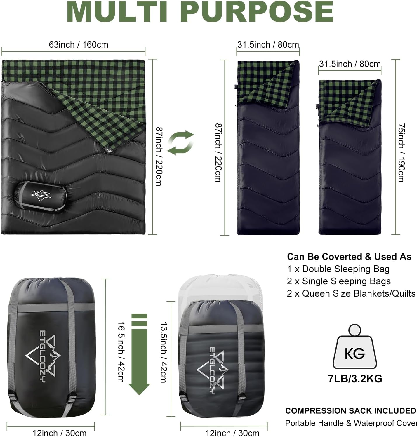 Double Sleeping Bag for Adults Camping, XL Queen Size 2 Person Cotton Flannel Sleeping Bags for All Season Hiking Backpacking, Lightweight Waterproof for Cold Weather & Warm - Image 2