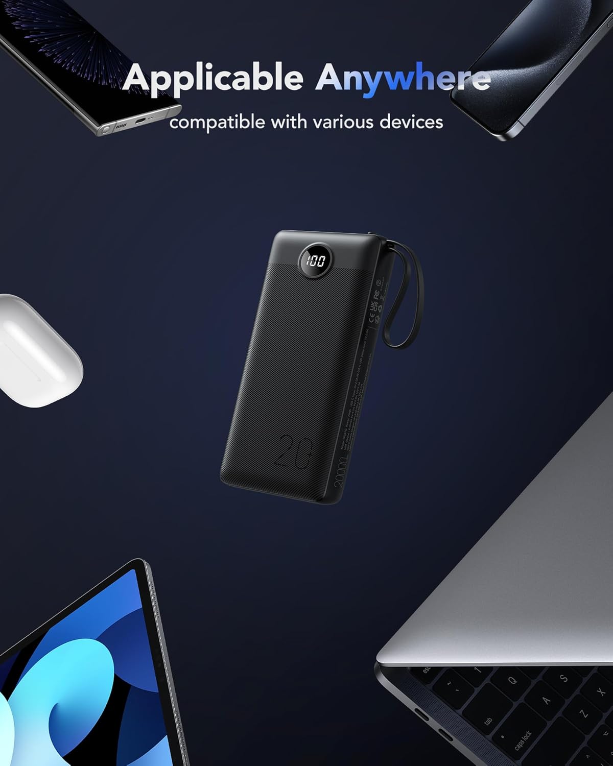 VRURC Portable Charger 20000mAh with Built in Fast Charging Cables,Power Bank PD 18W QC 3.0 Quick Charge USB C Battery Pack with 5 Outputs & 2 Inputs Compatible with Smart phones - Image 9