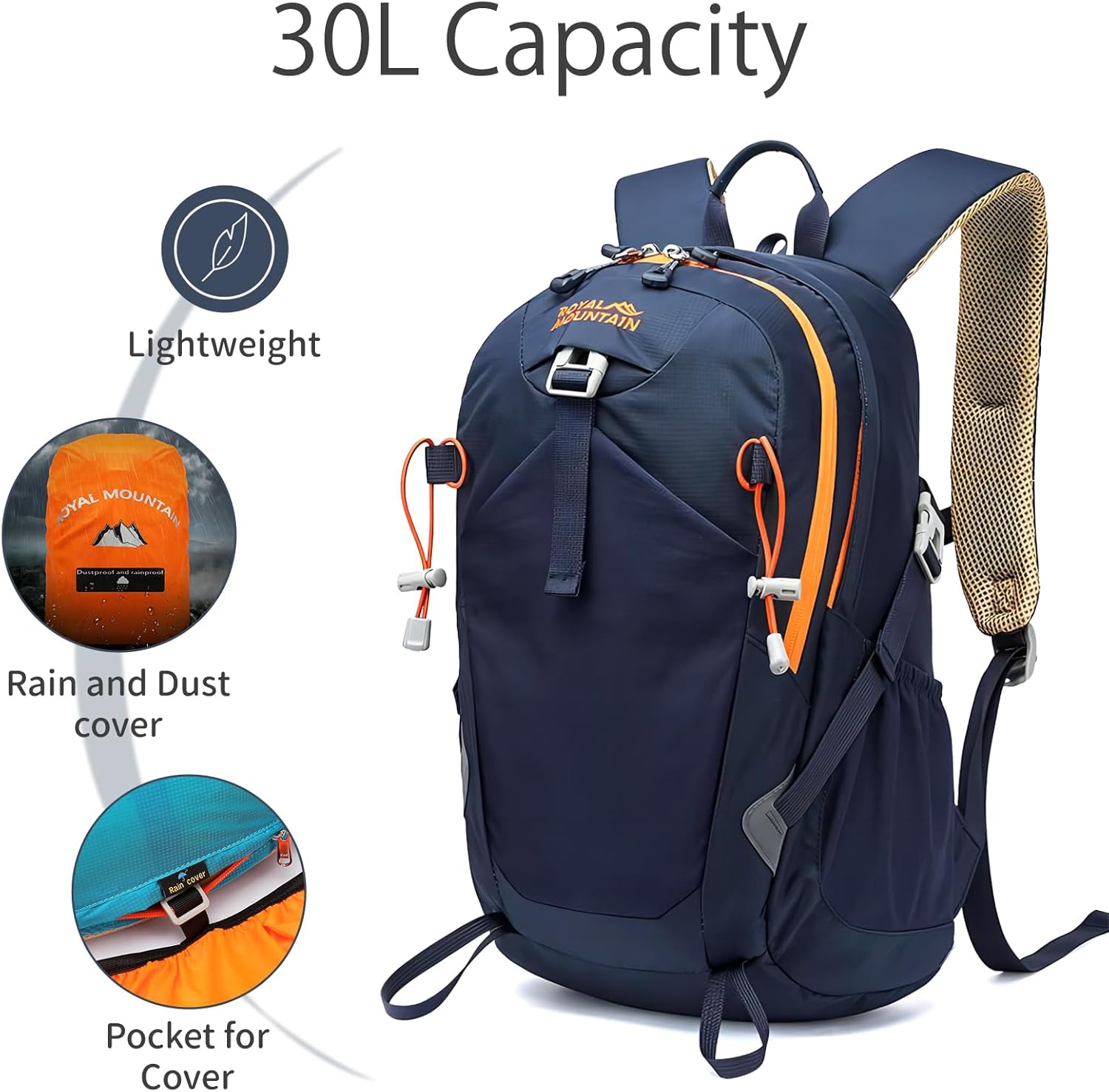 Lightweight Hiking Backpack, 30L Women/Men Waterproof Travel Rucksack Bag with Rain Cover, Outdoor Small Foldable Daypack for Student, Fit for 15.6 inch Laptop - Image 3