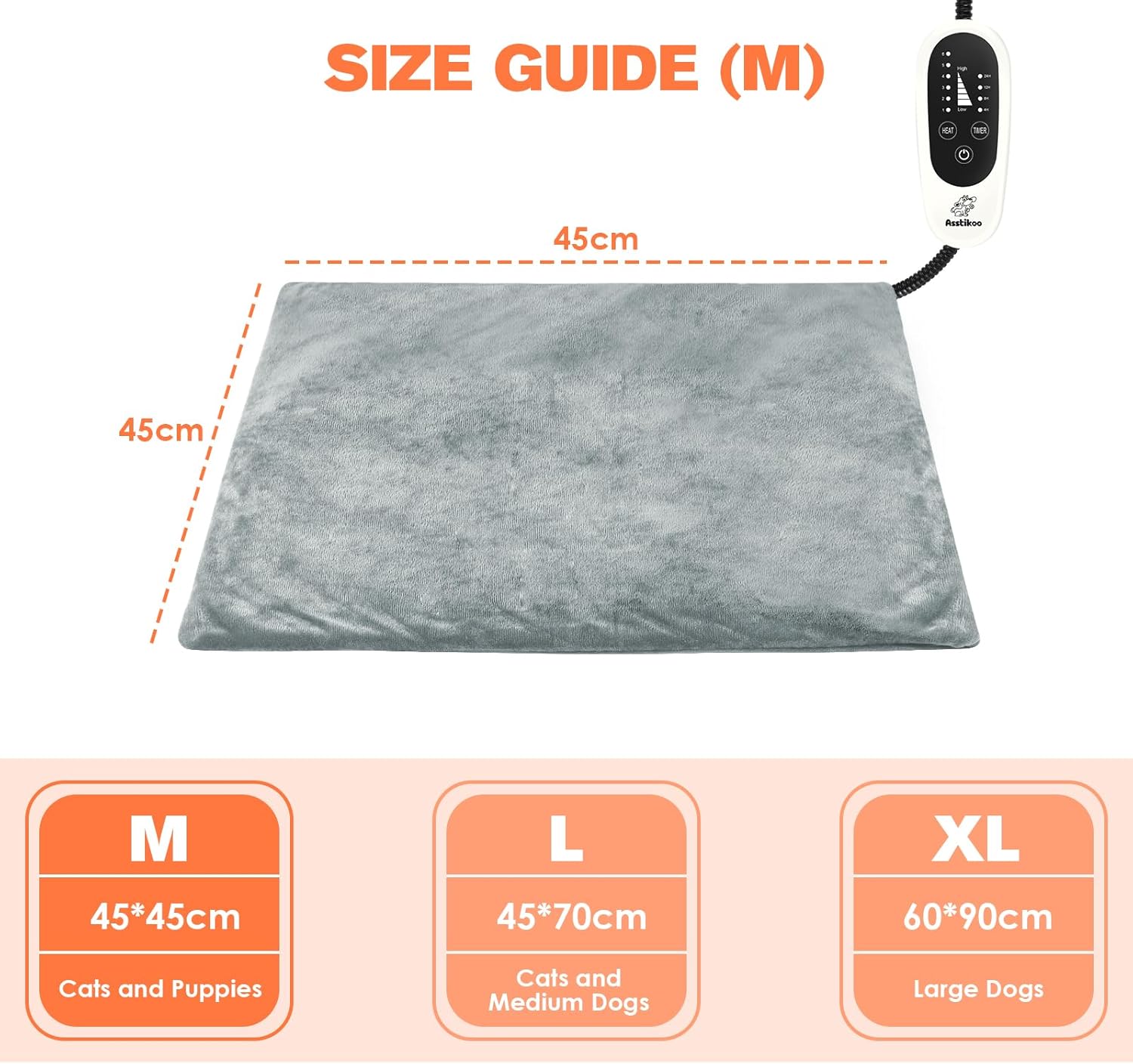 Pet Heating Pad, Adjustable Dog Heating Pad with 4-Level Timer and 30-55℃ Temperature, Cats Indoor Heating Blanket for Puppies with Chew Resistant Cord, Electric Pet Heated Mat(M-45 * 45cm) - Image 7