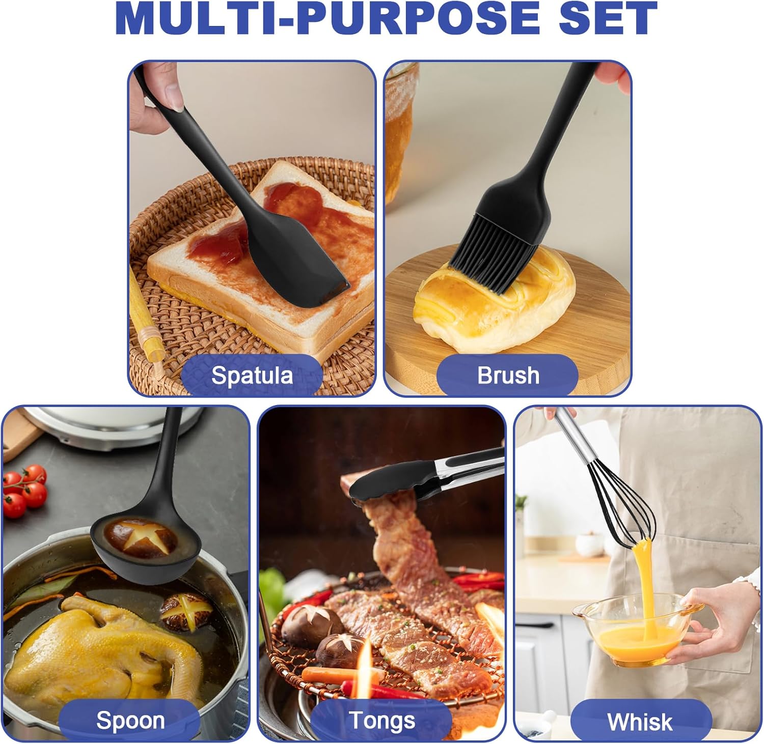 Silicone Kitchen Utensils Set - 12pcs Cooking Utensils Set with Holder, BPA Free Food Grade Non Stick Coating Silicone Spatulas Kitchen Utensils, Heat Resistant & Easy Clean, Black - Image 6