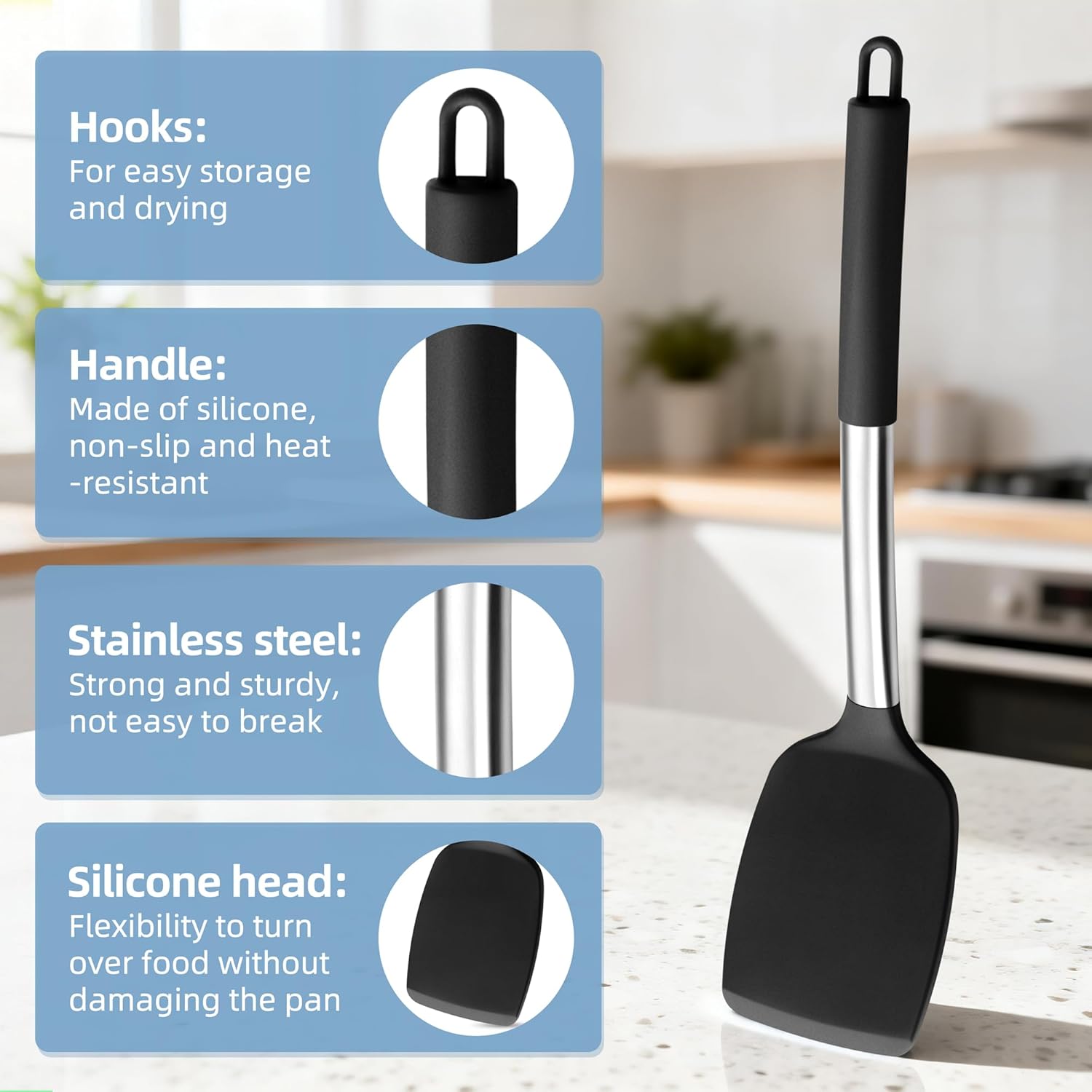 Herogo Kitchen Utensil Set of 4, Silicone Utensil Set with Stainless Steel Handle, Cooking Utensils Set with Non-Stick Heat Resistant Silicone for Cooking/Frying/Draining, Dishwasher Safe - Black - Image 3