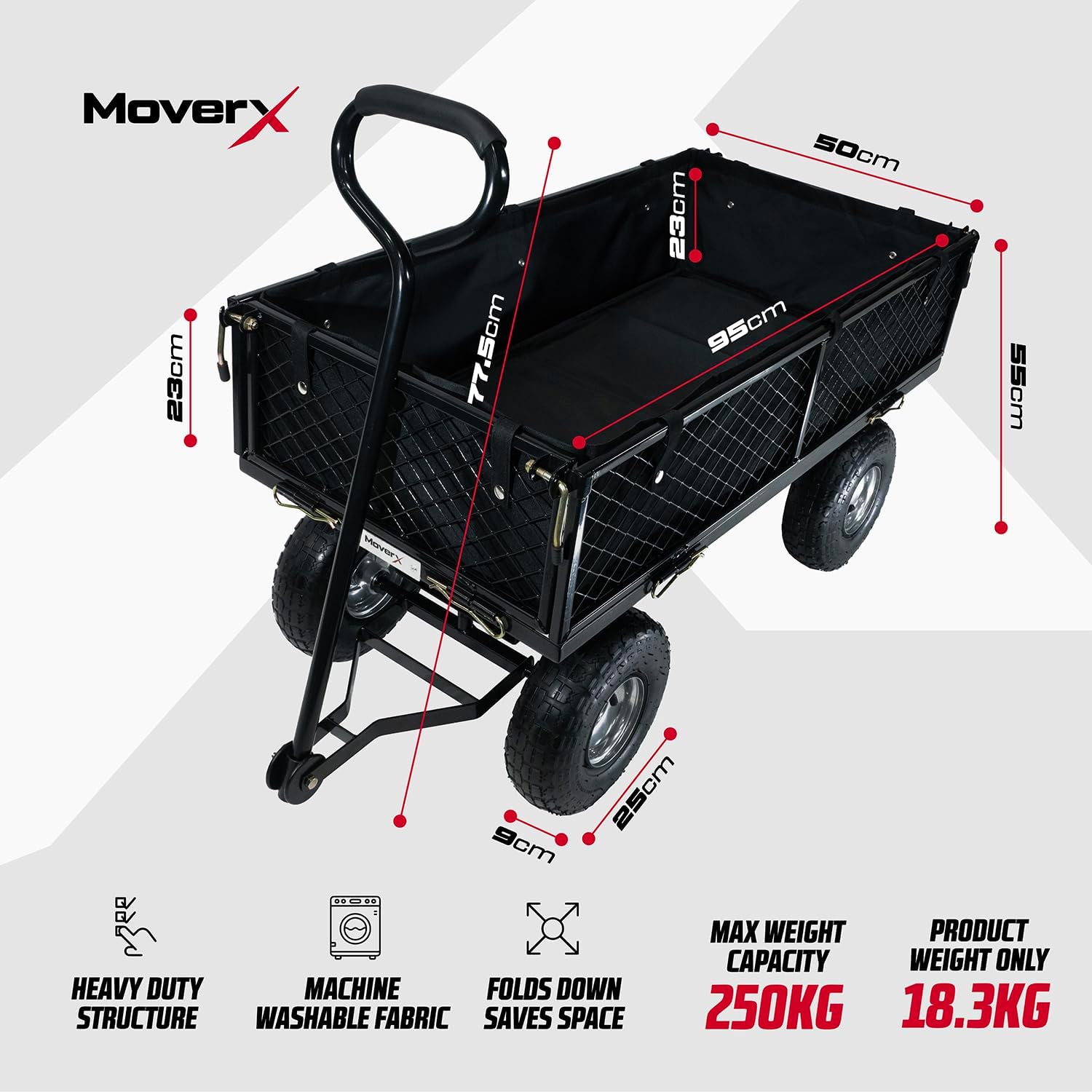 MoverX 250KG Garden Trolley, Heavy Duty Trolley, Garden Cart, Gardening Trolly On Wheels, 4 Wheel Outdoor Truck, Festival, Camping, Fishing, Beach Wagon, Liner in Black - Image 2