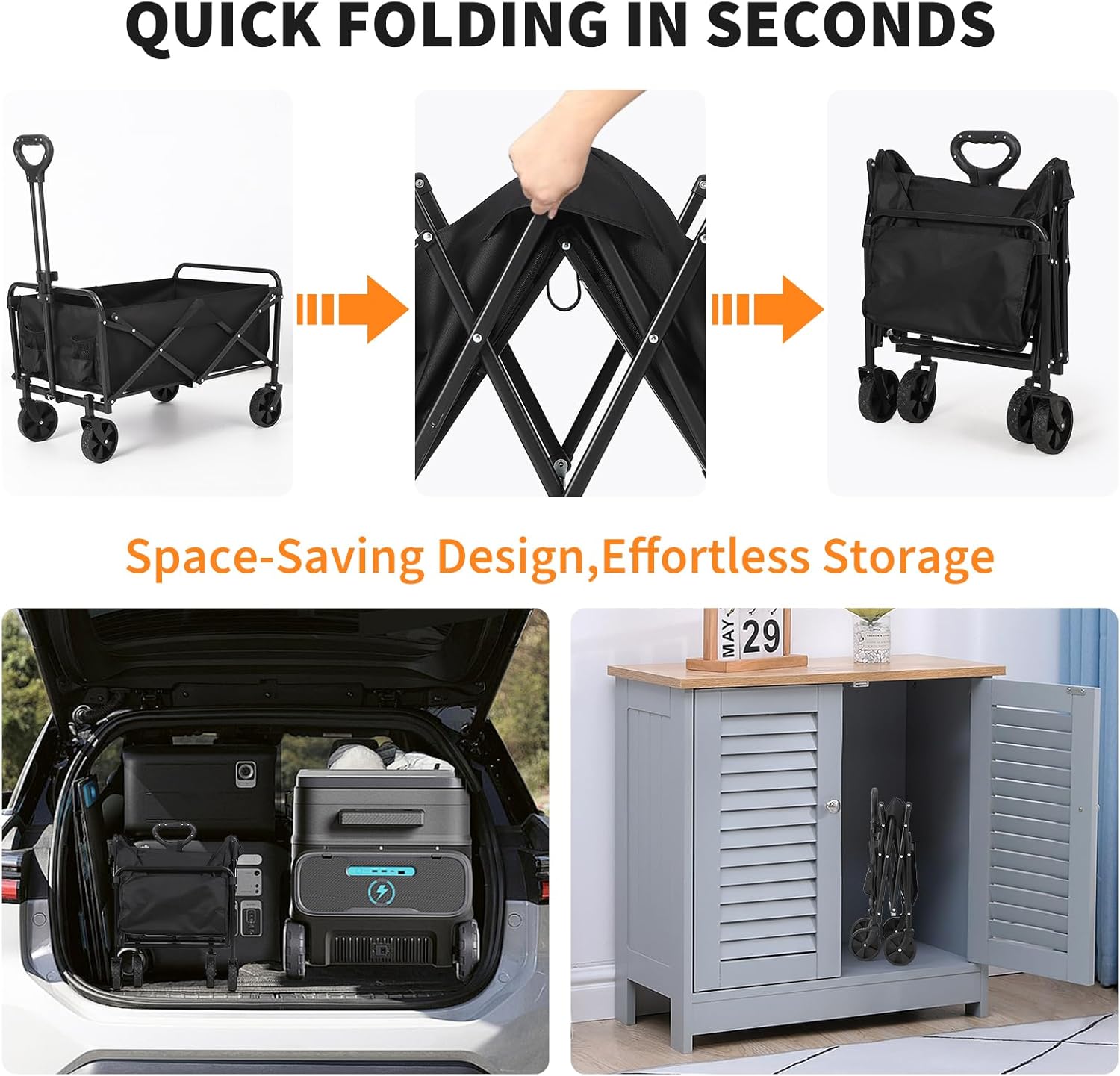 Folding Collapsible Wagon Trolley,Heavy Duty Utility Cart for Christmas Shopping, Gift Hauling & Outdoor Use, 220lbs Capacity with Adjustable Handle,Portable Foldable Cart for Markets, Garden & Beach - Image 5