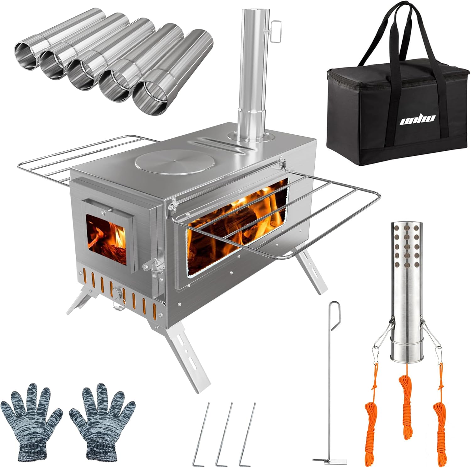 UNHO Camping Tent Stove: Portable Wood Burning Stove Stainless Steel Outdoor Cooking Heater Log Burner with 7 Chimney Pipes for Tent Shelter Garden Silver