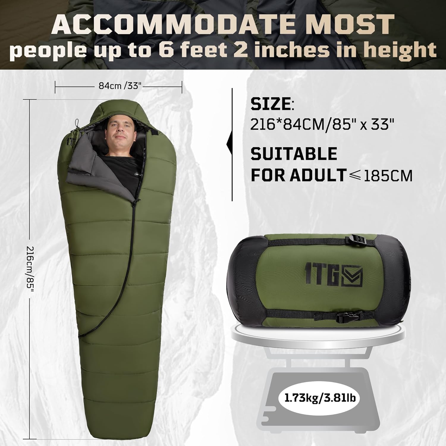 4 Season Cold Weather Sleeping Bag for Adults - Fits up to 185cm (6'1") Mummy Sleeping Bag, Ultralight 1.7kg, Windproof, Comfort Range -4°C to 2°C for Camping & Hiking - Image 6
