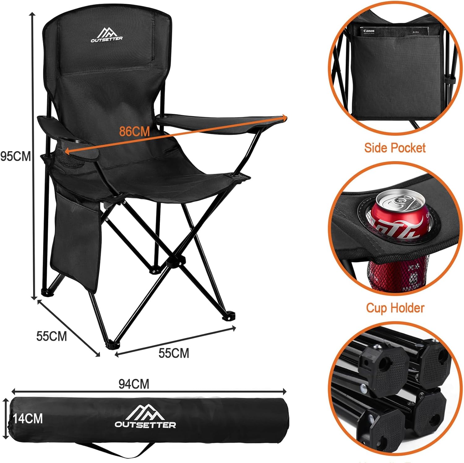 Camping Chair Lightweight Folding Portable Camping Chair with Cup Holder and Side Pocket Outdoor Folding Chair 120kg Capacity Fishing Chair for Outdoor, Fishing, Picnics and Travel Adventures Black - Image 3