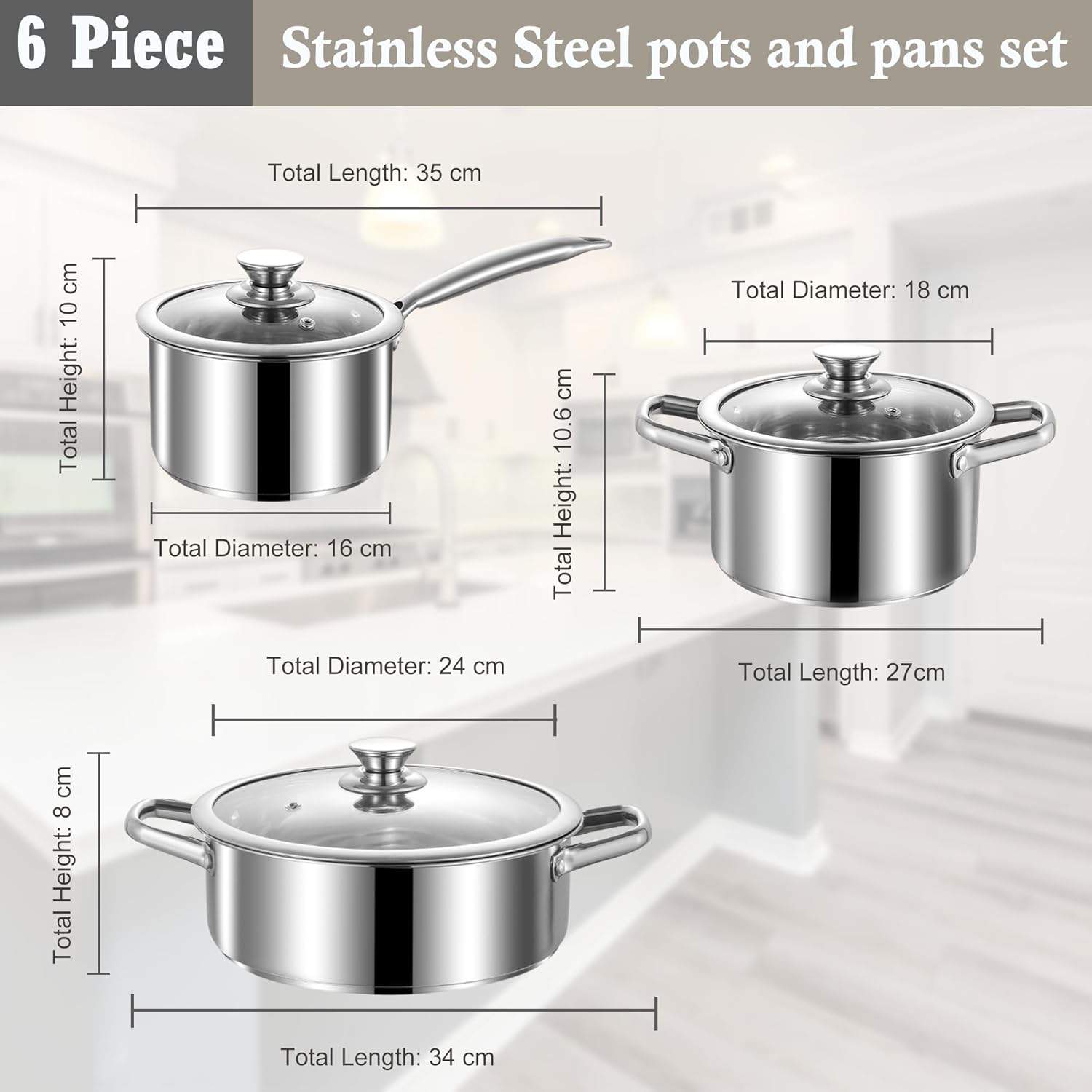 Stainless Steel pots and Pans Set, 6 PCS Nonstick Induction Kitchen Cookware Set, Works with Induction/Electric and Gas Cooktops, Nonstick, Oven Safe, Camping Cookware - Image 2